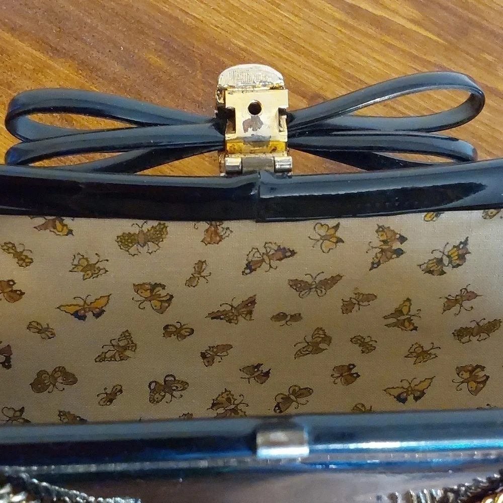 Vintage Black VINYL RETRO Bow Clutch evening bag Gold strap Sleek elegant